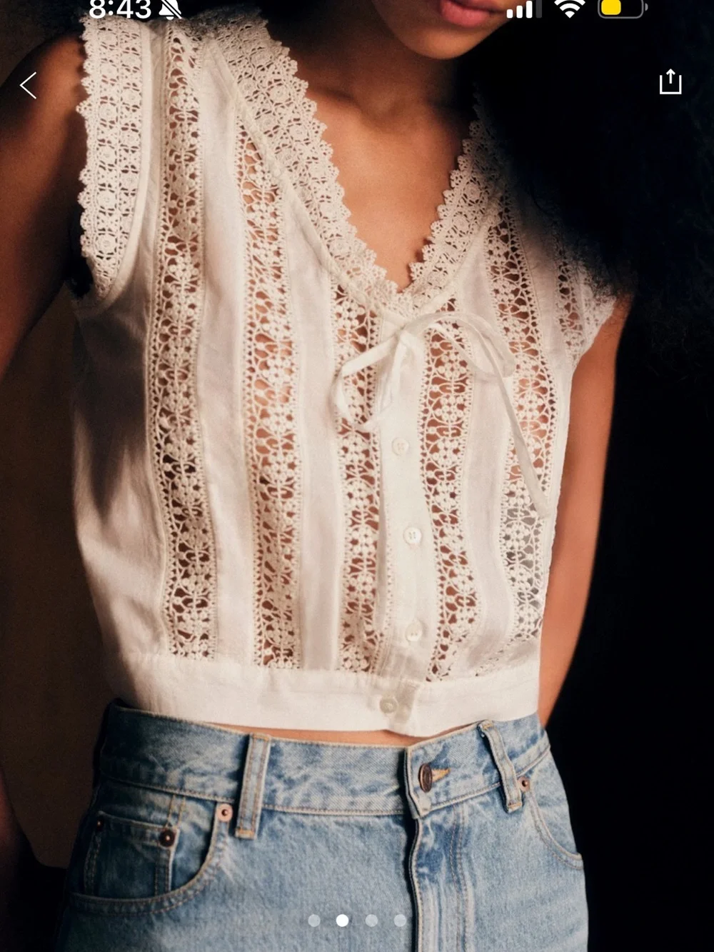 Sezane Ecru Lace-Trim Tie-Front Sleeveless Blouse - Picture 2 of 6